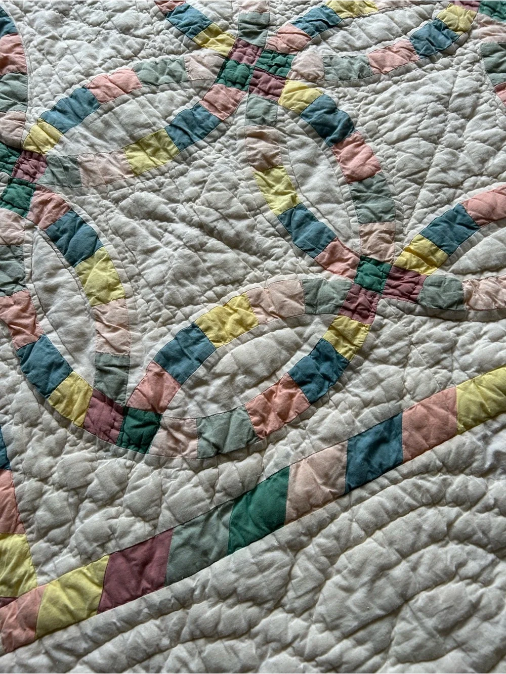 Vintage handmade White Patchwork Double Wedding Ring Quilt with Pastel Accents